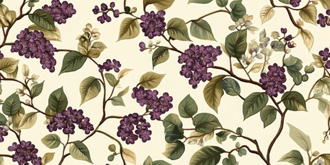 Wall Mural - Elegant floral pattern featuring rich purple grapes and vibrant green leaves. This design adds a touch of nature to any space. Ideal for wallpapers, textiles, and home decor. AI