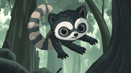 Poster - Cute Cartoon Raccoon Hanging From A Tree Branch.