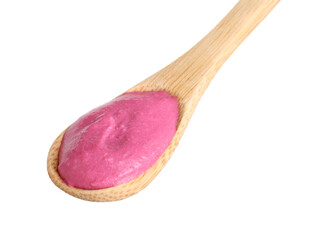 Wall Mural - Tasty beetroot hummus in wooden spoon isolated on white