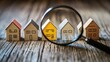 © stockagency - A magnifying glass focuses on colorful miniature houses on a wooden surface.