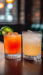 Two refreshing cocktails, one with a cucumber garnish, on a wooden table.