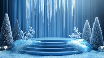 Fototapete - The image depicts a snowy scene with a blue platform surrounded by snow-covered trees. The background is a curtain of icicles with a soft glow.