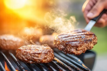 closeup grill master grilling burger outdoor