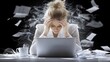 © ArtifyGraphy - Overwhelmed female executive struggles with stress as she slumps over laptop surrounded by paperwork and coffee
