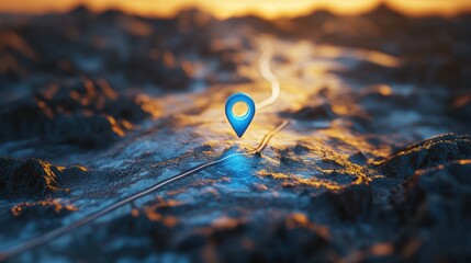 Blue location symbol pin icon sign or navigation locator map travel gps direction pointer and marker place position point design element on route graphic road mark destination background. 3D render.