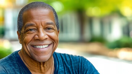 A close-up portrait of a smiling senior Black man outdoors.