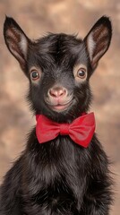 A charming baby goat wearing a vibrant red bow tie radiates joy against a minimalist white background, capturing playful innocence