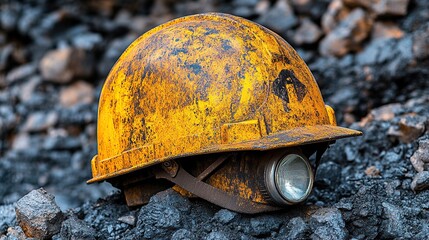 Worn yellow hard hat on rocky surface.