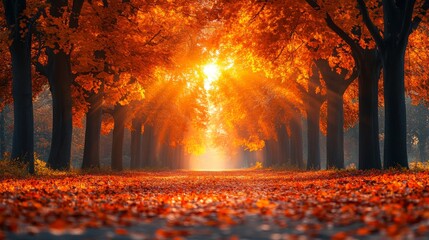 Wall Mural - Sunlight streams through the branches of tall trees, casting a warm golden glow over a tranquil pathway. The ground is blanketed with bright orange and yellow foliage.