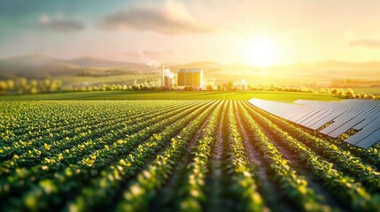 Vibrant fields with solar panels and a sunset backdrop.