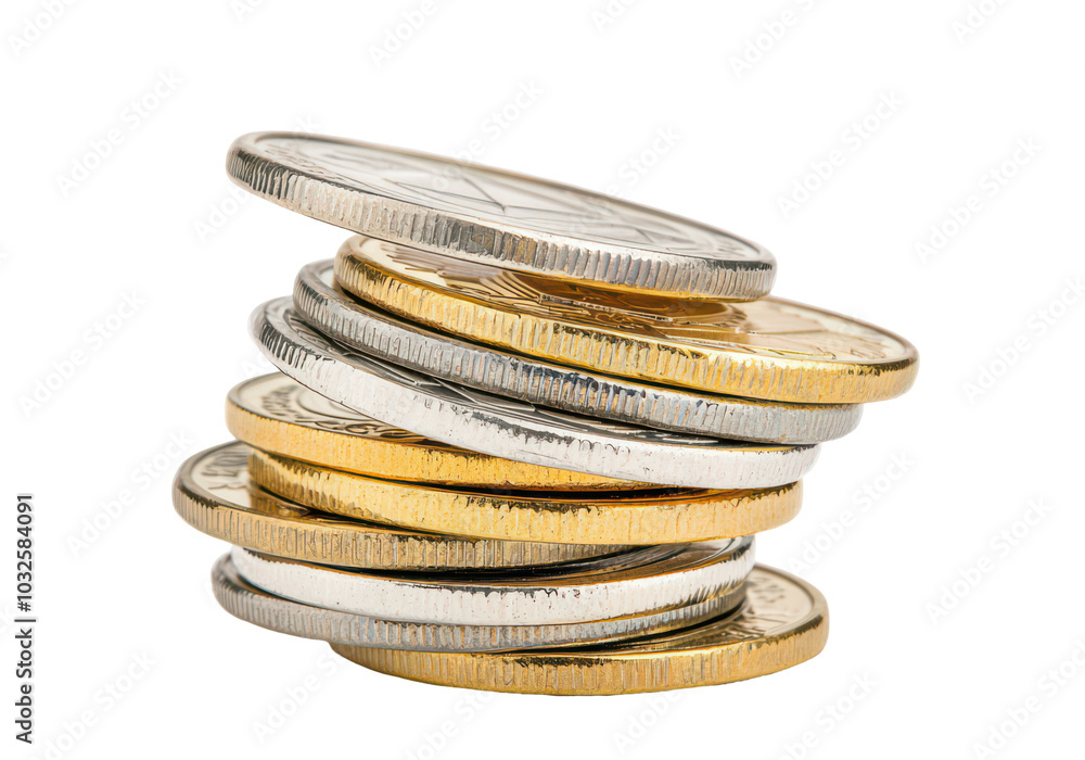 Stack of silver and gold coins, isolate on transparent background ...