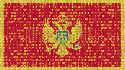 Binary code on flag of Montenegro. Program source code or Hacker concept on Montenegrin flag. Montenegro digital technology security, hacking or programming