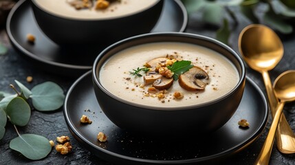 Poster - Creamy mushroom soup served in elegant black bowls with walnuts and herbs on a dark table