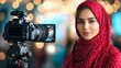 © Nano Photos - A woman in a red polka dot hijab poses confidently beside a professional camera, with bokeh lights creating a vibrant, artistic backdrop.