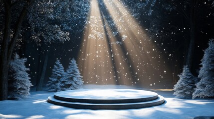 Poster - A tranquil winter landscape features gently falling snowflakes amidst tall, snow-laden trees. Soft beams of light illuminate a circular stage, creating a serene and magical atmosphere.