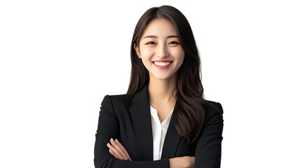 Wall Mural - Young handsome asian woman happy face smiling with crossed arms looking at the camera. Positive Successful businesswoman, isolated on white transparent background