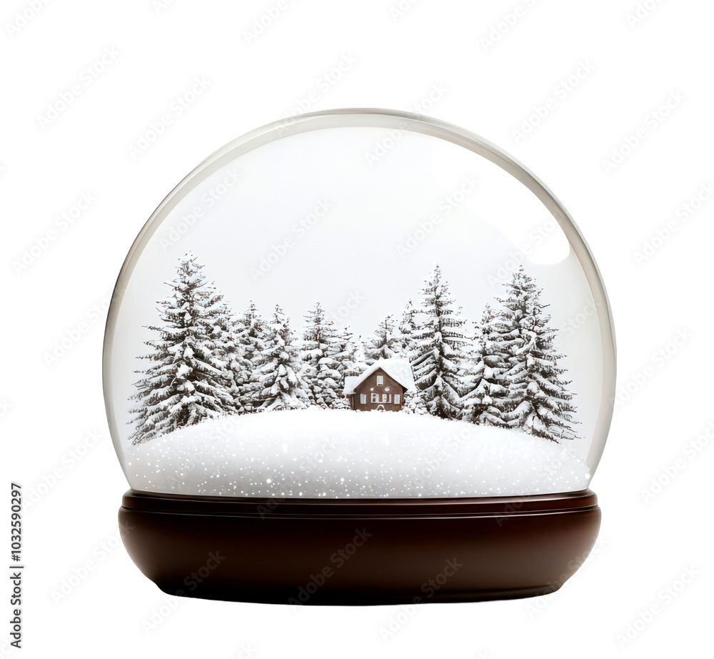 Snow globe featuring a serene cabin and pine trees on a snowy landscape ...