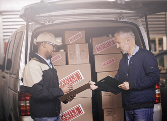 Poster - Logistics, men or boxes in delivery van at warehouse with shipping checklist, inventory check or supply chain. Courier service, teamwork or discussion at vehicle for safety compliance or distribution