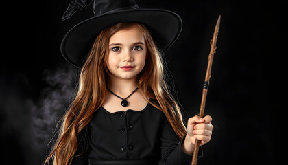 Portrait of a little witch girl with long brown hair dressed in dark clothes, holding magic wand in her hand, posing on black studio background isolated with white highlights, png