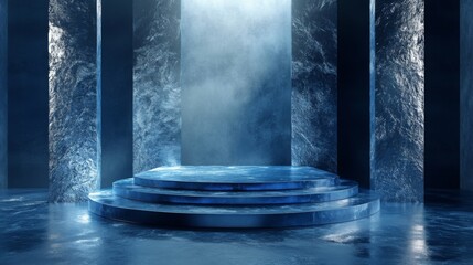 Aufkleber - A three-tiered, circular platform, illuminated by light shining down from the center. The platform is made of ice and has a frosted, translucent surface.