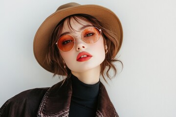 Stylish woman in a trendy hat and sunglasses