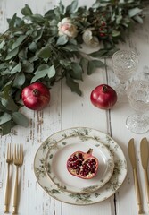 Wall Mural - Elegant table setting with pomegranates and greenery for a festive gathering in natural light