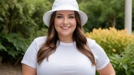 Plus size woman wearing white t-shirt and white bucket hat standing in the garden