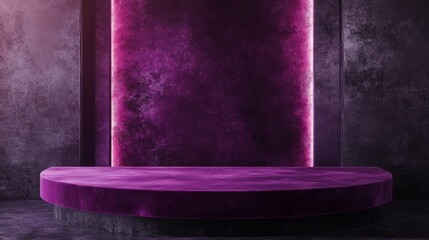 Poster - This setting features a circular velvet platform in rich purple, bathed in soft lighting. The backdrop adds a modern touch, creating an inviting atmosphere for performances or presentations.