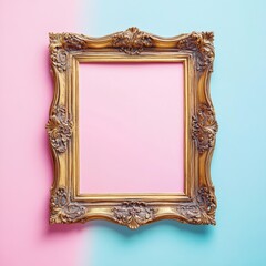 An antique-style ornate picture frame with a gold border, isolated on a pastel background, ideal for family portraits