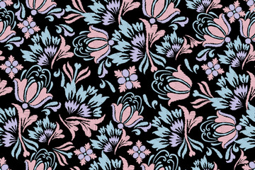 Seamless pattern with decorative flowers on a black background.Ethnic oriental traditional.Motifs Ikat embroidery wallpaper.Textile rapport. Abstract design for texture, fabric, clothing, wrapping