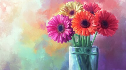 Wall Mural - A vibrant hand-drawn vase filled with pastel gerbera daisies, bringing cheerful colors to any room decor in a contemporary setting