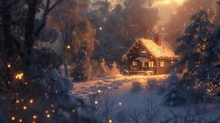 A cozy cabin in a snowy forest celebrating New Year's Eve with warm lights and a serene winter landscape at dusk