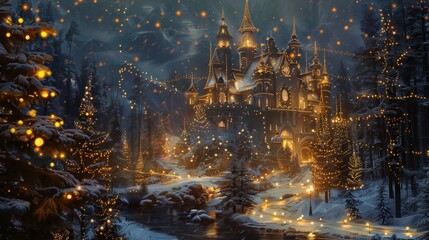 Experience the enchanting New Year's Eve celebration in a mystical castle surrounded by snowy landscapes and twinkling lights