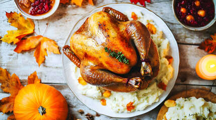 A roasted turkey on a bed of mashed potatoes, surrounded by autumn decorations.