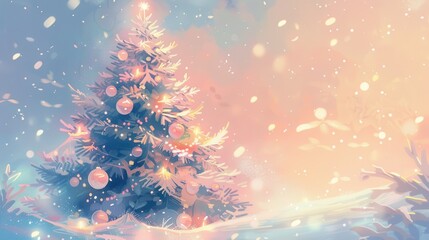 Hand-drawn New Year illustration of a decorated Christmas tree shining softly amidst a snowy landscape