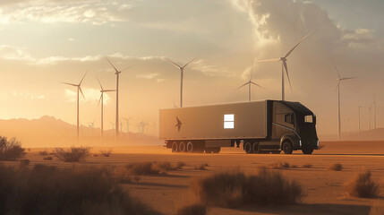 A large electric truck hauling goods through a desert landscape, where massive solar farms stretch out beneath towering wind turbines. 