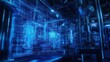 © stockagency - A futuristic industrial scene with blue holographic elements illustrating advanced technology.