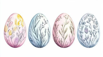 Delicate pastel Easter eggs with intricate floral patterns celebrating the spring season in a minimalist arrangement