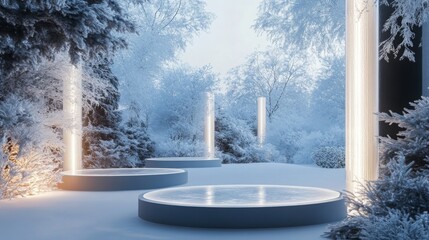 Aufkleber - A serene winter pathway is set in a snowy forest, showcasing illuminated pillars that cast a gentle glow. The peaceful atmosphere is enhanced by the surrounding frost-covered trees at twilight.