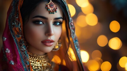 A beautiful woman in traditional attire poses gracefully against a backdrop of glowing lights during a cultural celebration