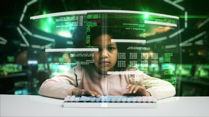 Young girl typing programming code on holographic display, futuristic studying