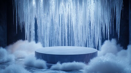 Fototapete - The setting features an enchanting ice cave adorned with sparkling icicles hanging from the ceiling. A circular platform rests above a soft, misty ground, creating a mystical winter environment.