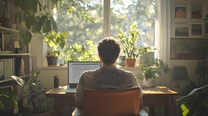 Poster - A man with short dark hair and light stubble, working on his laptop in a minimalist home office filled with natural light. The clean, organized space gives the scene a calm, focused atmosphere