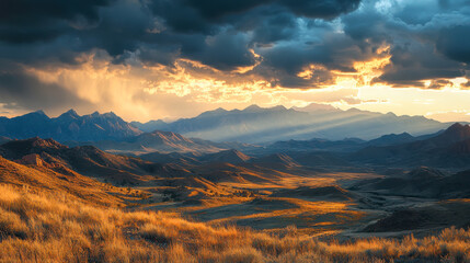 Wall Mural - golden hour illuminates a vast valley with dramatic clouds in the mountains during sunset
