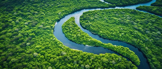 An aerial shot of a winding river meandering through a verdant rainforest with hints of wildlife on the banks.