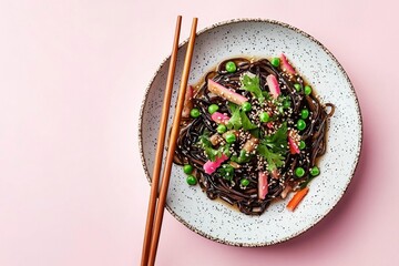 Wall Mural - Black Noodles with Peas, Sesame Seeds, and Parsley in a Bowl with Chopsticks