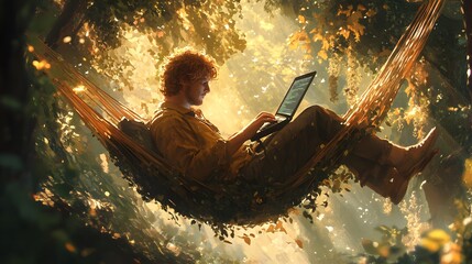 Poster - A man with light brown hair, reclined in a hammock outside, surrounded by nature. He balances his laptop on his knees as soft sunlight streams through the trees, creating a harmonious blend of work