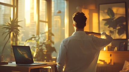 Aufkleber - A man with short dark hair dressed in a casual button-up shirt, stretching in his spacious, modern home office. The soft morning light spills in from tall windows, casting a warm, stylized glow on