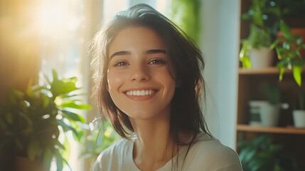 Poster - A young professional woman with straight dark hair, smiling as she engages in a video call from her cozy, plant-filled home office. The bright light pouring through the window creates a welcoming,