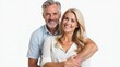 © Olga - Happy smiling romantic middle aged couple, man and woman hugging while looking at camera on white background. Free space for text